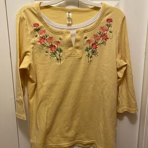 Yellow knit Top with white inset and red and orange flowered Embroidery
